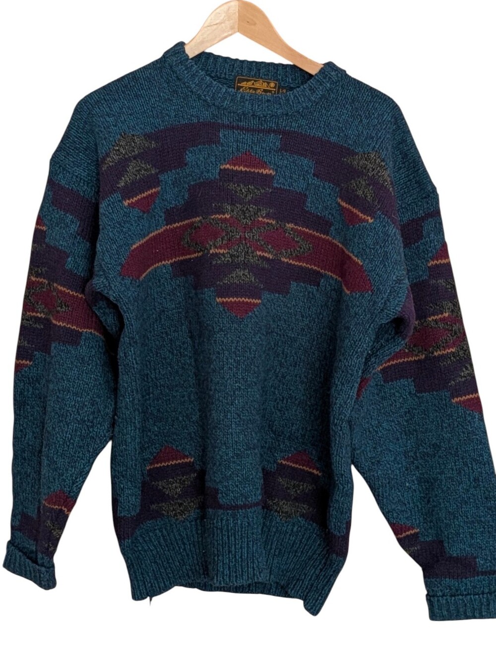 Eddie Bauer Teal Crewneck Sweater with Burgundy and Navy Pattern Mens L Wool